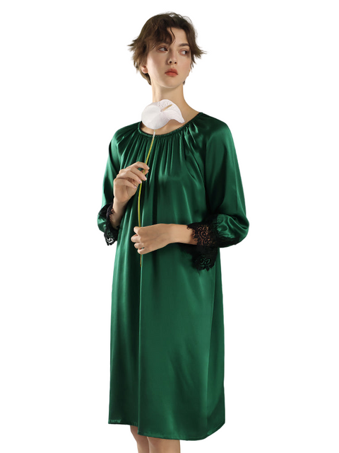 Elegant French Lace Trimmed Silk Nightgown for Women, 100% Mulberry Silk Mid-Length Chemise, Luxury Loungewear and Sleepwear