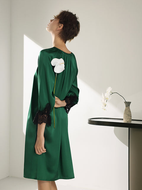 Elegant French Lace Trimmed Silk Nightgown for Women, 100% Mulberry Silk Mid-Length Chemise, Luxury Loungewear and Sleepwear