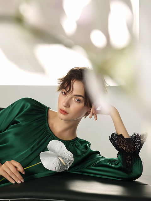 Elegant French Lace Trimmed Silk Nightgown for Women, 100% Mulberry Silk Mid-Length Chemise, Luxury Loungewear and Sleepwear