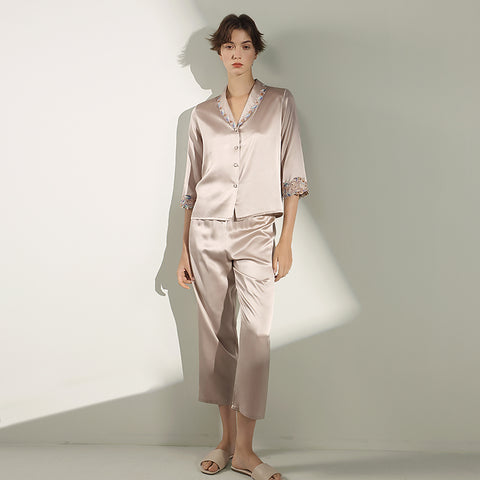 Women's Silk Pajama Set with Delicate Trim, 100% Mulberry Silk Long Sleeve Loungewear