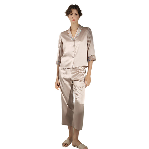Women's Silk Pajama Set with Delicate Trim, 100% Mulberry Silk Long Sleeve Loungewear