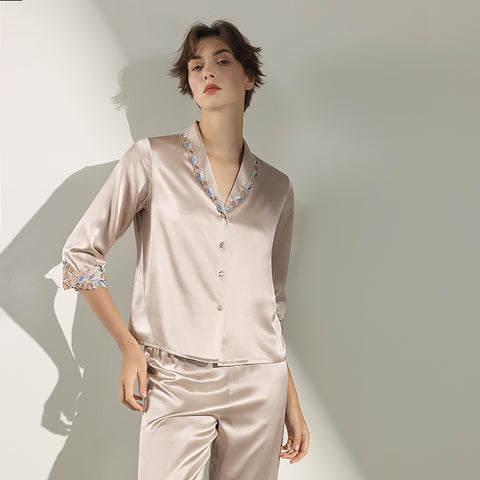 Women's Silk Pajama Set with Delicate Trim, 100% Mulberry Silk Long Sleeve Loungewear
