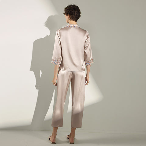 Women's Silk Pajama Set with Delicate Trim, 100% Mulberry Silk Long Sleeve Loungewear