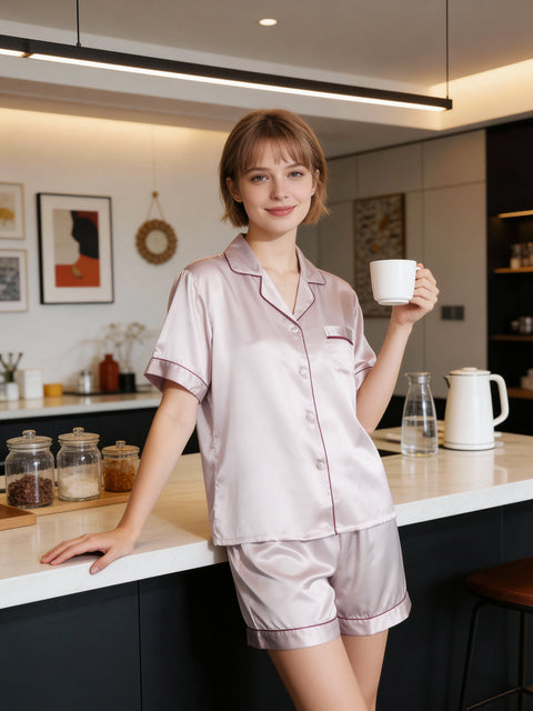 Women's Short Sleeve Silk Pajamas Set, 100% Mulberry Silk, 19 Momme Luxury Shorts & Shirt for Nightwear and Loungewear