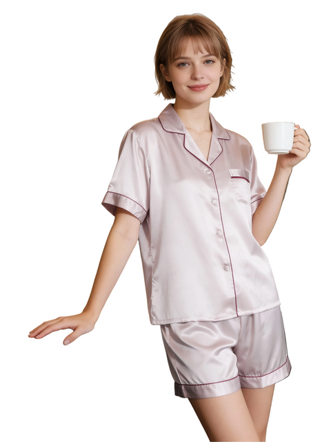 Women's Short Sleeve Silk Pajamas Set, 100% Mulberry Silk, 19 Momme Luxury Shorts & Shirt for Nightwear and Loungewear