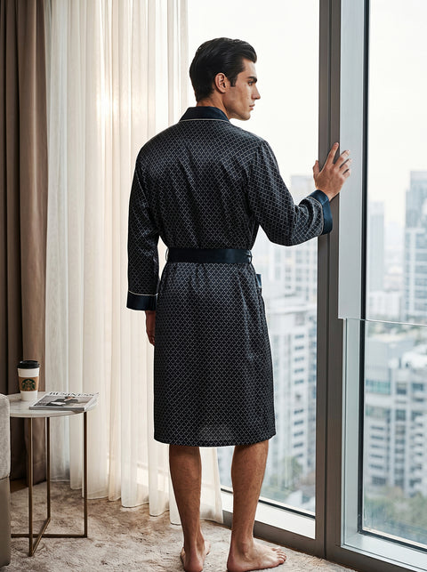 Men's 19 Momme 100% Mulberry Silk Robe, Long Shawl Collar Diamond Print Luxury Loungewear Bathrobe