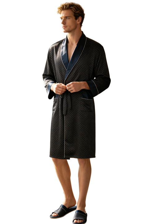 Men's 19 Momme 100% Mulberry Silk Robe, Long Shawl Collar Diamond Print Luxury Loungewear Bathrobe