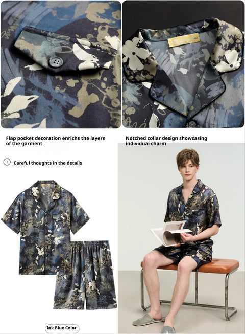 Men's 100% Mulberry Silk Pajama Set, Navy Floral Print with Pocket & Shorts