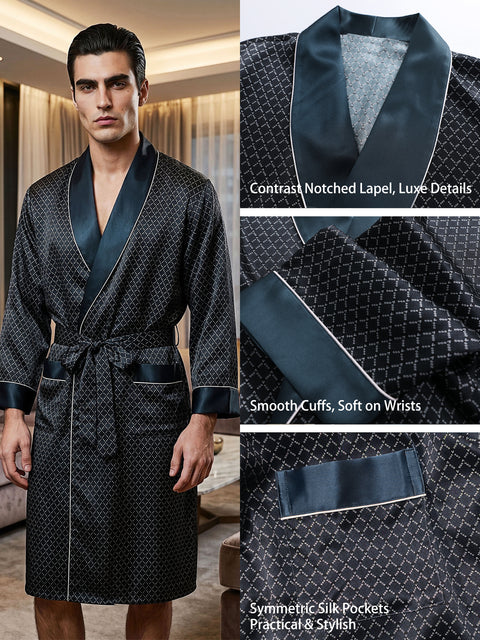 Men's 19 Momme 100% Mulberry Silk Robe, Long Shawl Collar Diamond Print Luxury Loungewear Bathrobe