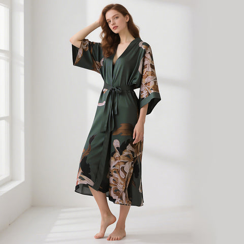 Heavy Silk Robe Kimono Floral Print Long