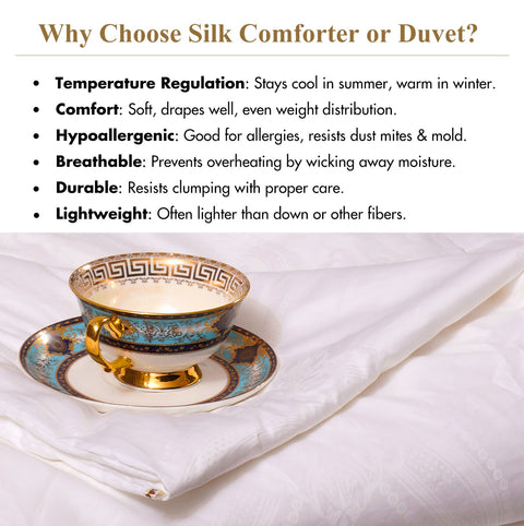 100% Silk Comforter for Sumer - Silk Filling with Cotton Cover Detachable & Machine Washable Luxury Silk Duvet Insert