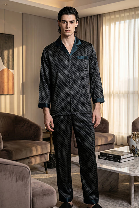 Conjunto de pijama de seda negro para hombre con estampado geométrico de seda