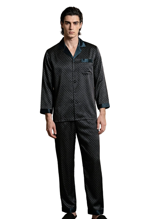 Conjunto de pijama de seda negro para hombre con estampado geométrico de seda
