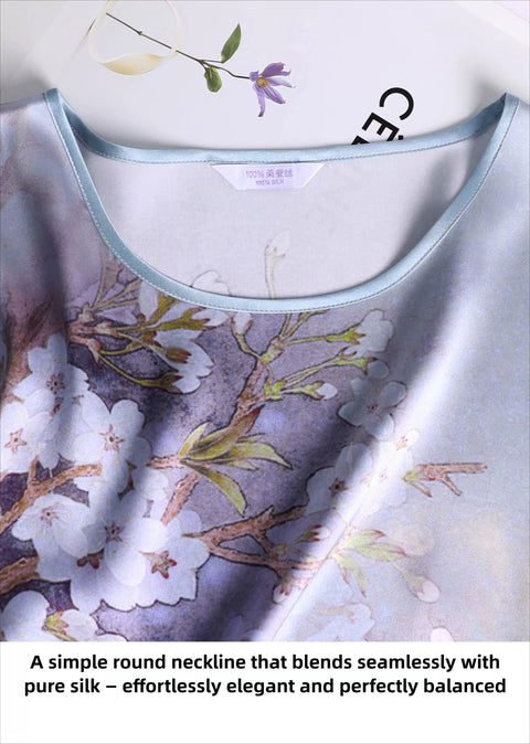 100% Mulberry Silk 19 Momme Premium-Weight Belted Dress for Women – Artistic Print Sleepwear & Loungewear, One-Size Gift