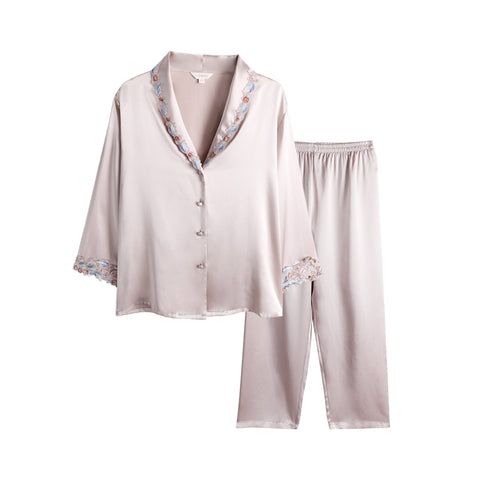 Women's Silk Pajama Set with Delicate Trim, 100% Mulberry Silk Long Sleeve Loungewear