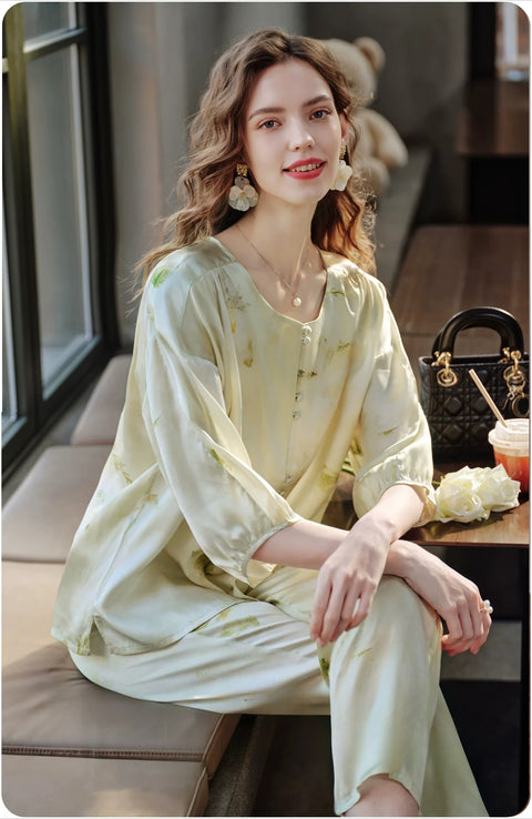 Women's 100% Mulberry Silk 3/4 Sleeve Pajama Set, Chinese Ink Print Summer Luxury Loungewear Sleepwear