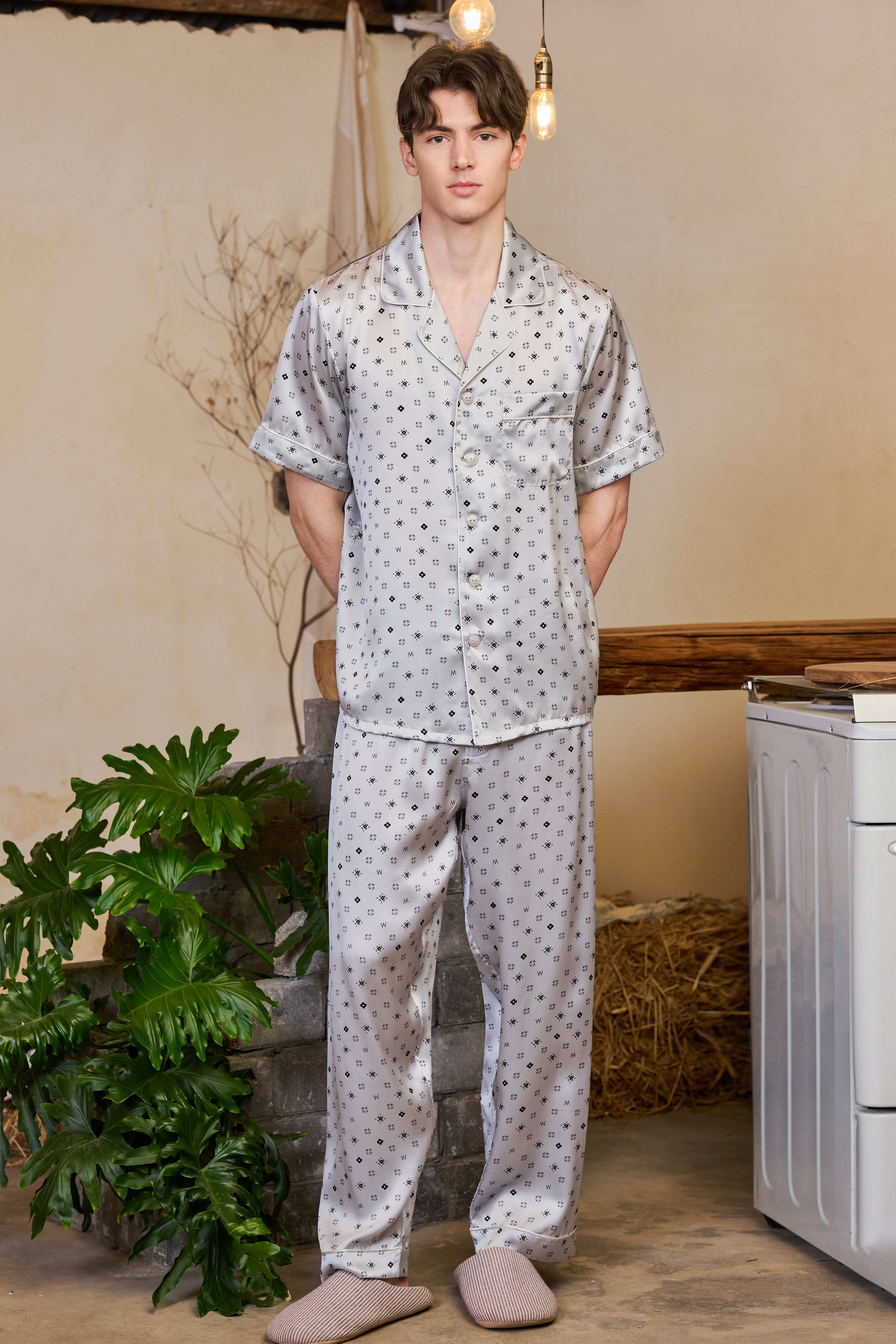 Silver Silk Pajama Set for Men Small Floral Prints