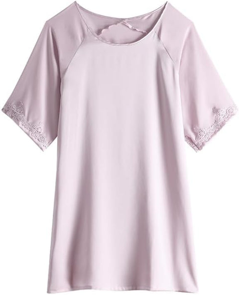 Ginell Women's 100% Silk Nightgown Short Sleeve Shirt Casual Dress and Night Shirt Lace, Silk Sleep Shirt