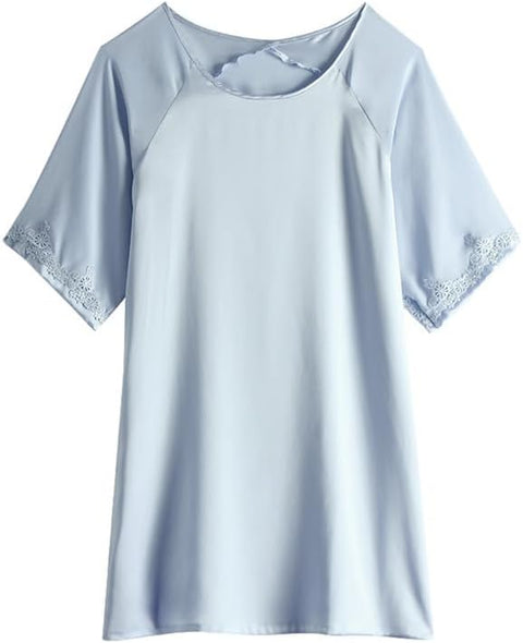 Ginell Women's 100% Silk Nightgown Short Sleeve Shirt Casual Dress and Night Shirt Lace, Silk Sleep Shirt
