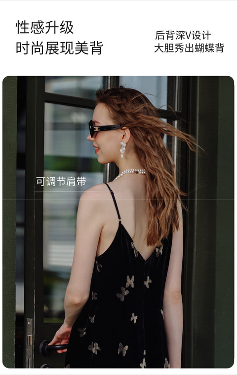 Women’s Velvet Slip Dress with Silk Lining – Black Cocktail Dress, Backless V-Neck Party Dress, Butterfly Jacquard, Elegant Mid-Length Evening Dress
