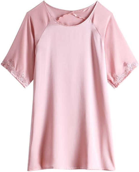 Ginell Women's 100% Silk Nightgown Short Sleeve Shirt Casual Dress and Night Shirt Lace, Silk Sleep Shirt