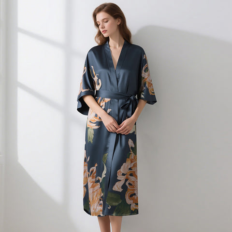 Heavy Silk Robe Kimono Floral Print Long