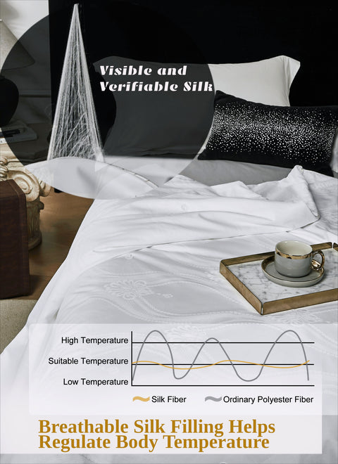 100% Silk Comforter for Sumer - Silk Filling with Cotton Cover Detachable & Machine Washable Luxury Silk Duvet Insert