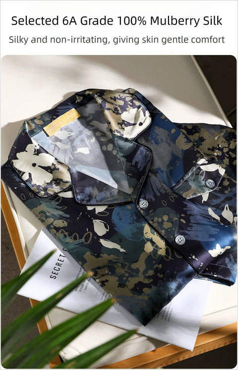 Men's 100% Mulberry Silk Pajama Set, Navy Floral Print with Pocket & Shorts