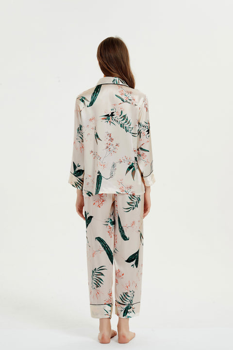 Le Silk Bouquet Women's 100% Silk Pajama Set Floral Patterns