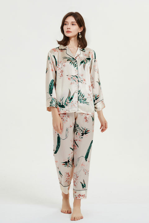 Le Silk Bouquet Women's 100% Silk Pajama Set Floral Patterns