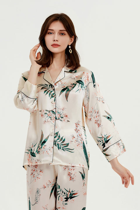 Le Silk Bouquet Women's 100% Silk Pajama Set Floral Patterns