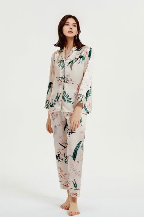 Le Silk Bouquet Women's 100% Silk Pajama Set Floral Patterns