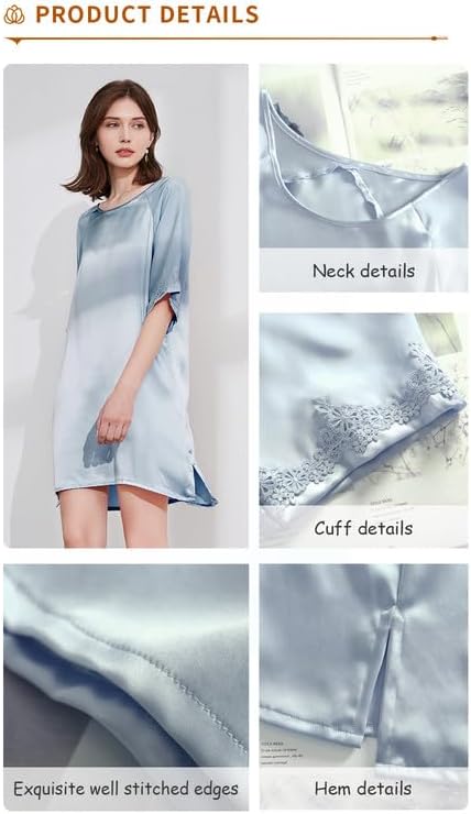 Ginell Women's 100% Silk Nightgown Short Sleeve Shirt Casual Dress and Night Shirt Lace, Silk Sleep Shirt