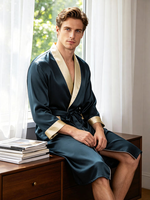 Luxury 19 Momme Mulberry Silk Robe for Men, Long Sleeve Shawl Collar Contrast Trim Bathrobe Loungewear