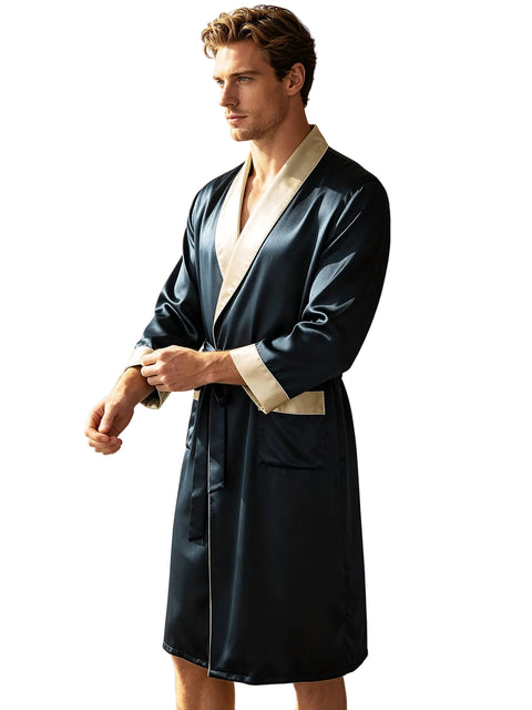 Luxury 19 Momme Mulberry Silk Robe for Men, Long Sleeve Shawl Collar Contrast Trim Bathrobe Loungewear