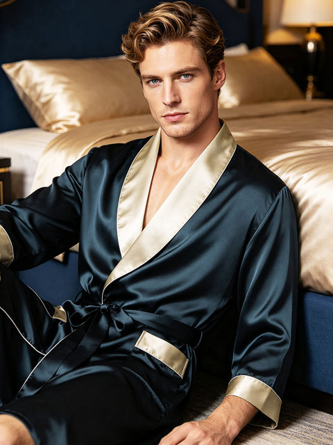 Luxury 19 Momme Mulberry Silk Robe for Men, Long Sleeve Shawl Collar Contrast Trim Bathrobe Loungewear