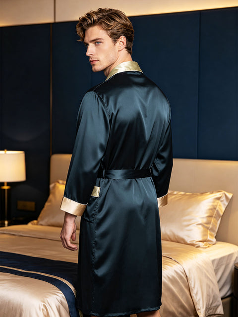 Luxury 19 Momme Mulberry Silk Robe for Men, Long Sleeve Shawl Collar Contrast Trim Bathrobe Loungewear