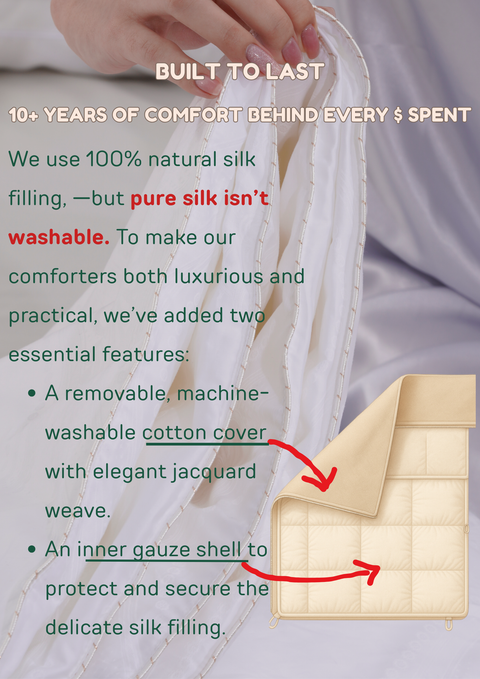 100% Silk Comforter for Sumer - Silk Filling with Cotton Cover Detachable & Machine Washable Luxury Silk Duvet Insert