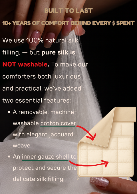 100% Silk Comforter for Sumer - Silk Filling with Cotton Cover Detachable & Machine Washable Luxury Silk Duvet Insert