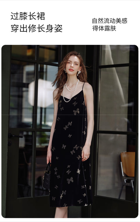 Women’s Velvet Slip Dress with Silk Lining – Black Cocktail Dress, Backless V-Neck Party Dress, Butterfly Jacquard, Elegant Mid-Length Evening Dress