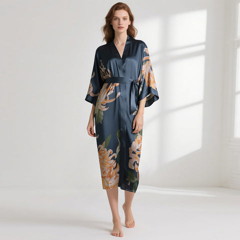 Heavy Silk Robe Kimono Floral Print Long