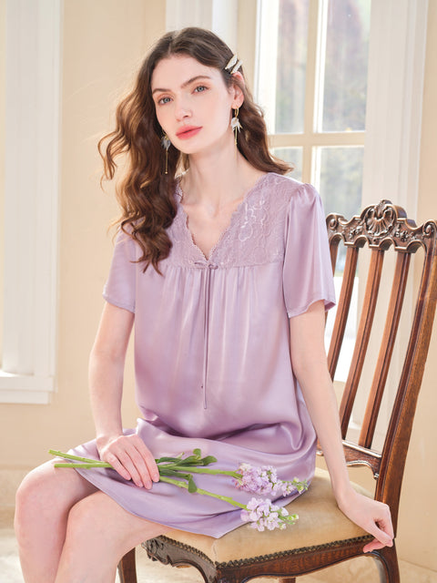 100% Mulberry Silk Nightgown Sweet Lace Silk Charm for Fashion-Forward Home Comfort (Clearance)