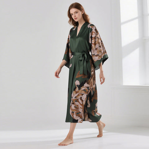 Heavy Silk Robe Kimono Floral Print Long