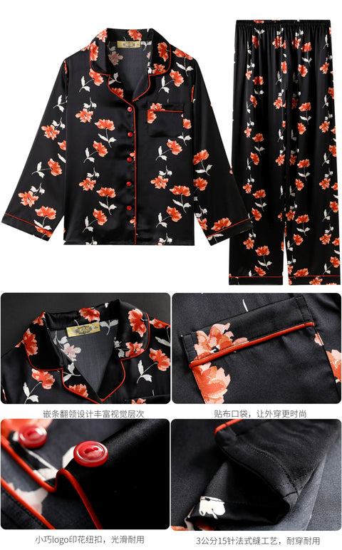 Women's 100% Mulberry Silk Long Sleeve Pajama Set, Floral Print Luxury Loungewear Sleepwear