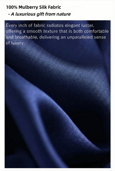 Blue mulberry silk fabric with descriptive text about its luxurious qualities.