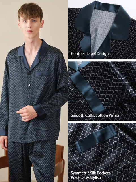 Conjunto de pijama de seda negro para hombre con estampado geométrico de seda