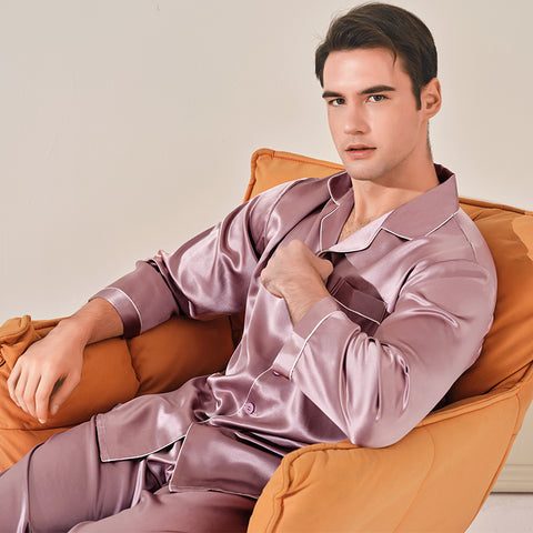 Men's Heavyweight Silk Pajamas, 22 Momme 100% Mulberry Silk Set, Long Sleeve Luxury Sleepwear for Men