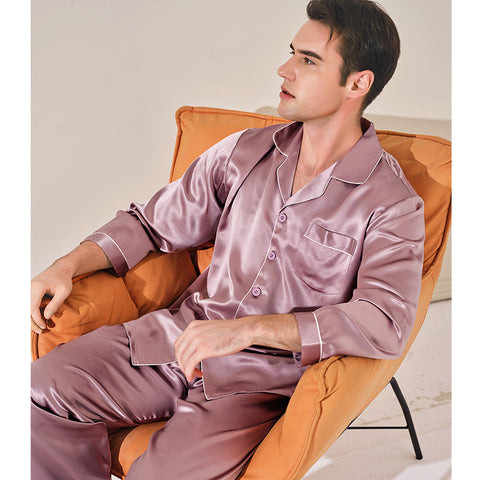 Men's Heavyweight Silk Pajamas, 22 Momme 100% Mulberry Silk Set, Long Sleeve Luxury Sleepwear for Men