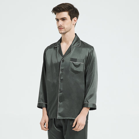 Men's Heavyweight Silk Pajamas, 22 Momme 100% Mulberry Silk Set, Long Sleeve Luxury Sleepwear for Men