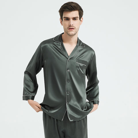 Men's Heavyweight Silk Pajamas, 22 Momme 100% Mulberry Silk Set, Long Sleeve Luxury Sleepwear for Men